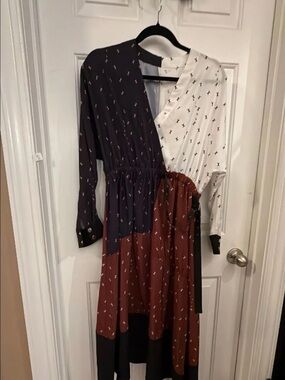 PMP Colorblock Long Sleeve Wrap Dress in Black, White & Brown